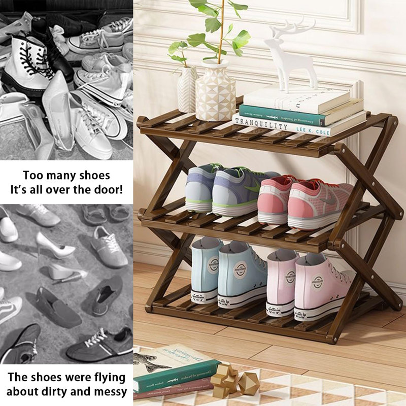 Bamboo Foldable Shoe Shelf with 3 Rows, Brown
