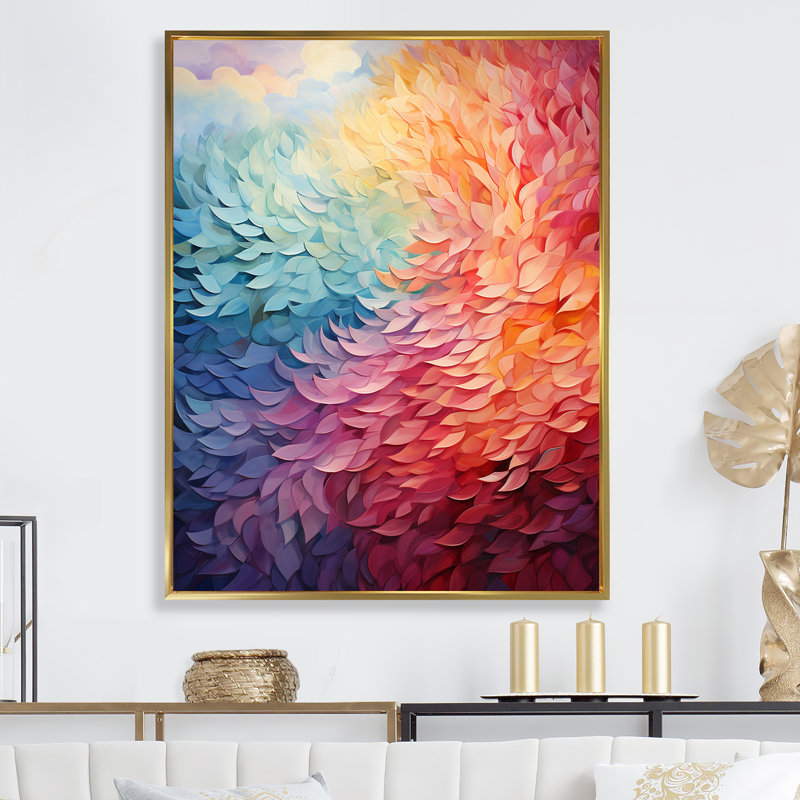 «Dreamy Rainbow Reverie Feathers», reproduction sur toile, Cadre flottant doré, H 40 po x l 30 po x P 1,5 po