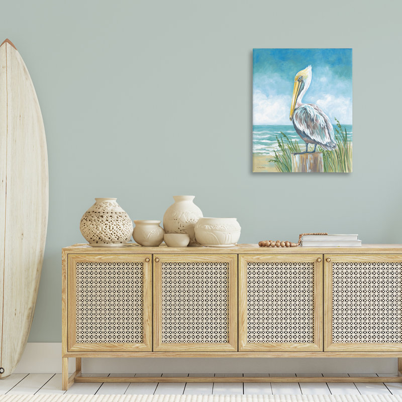 Pelican perché près de la côte, toile par Diane Kater, H 30 po x l 24 po