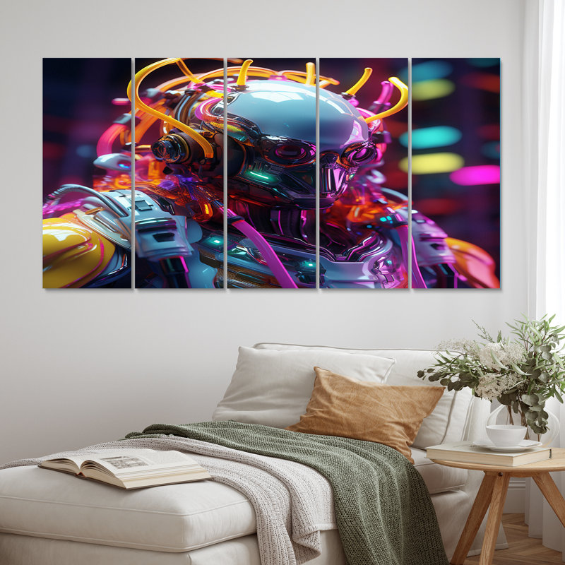 Sci-Fi Retro Futuristic Robot In Neon V - Robot Canvas Print - 5 Equal Panels