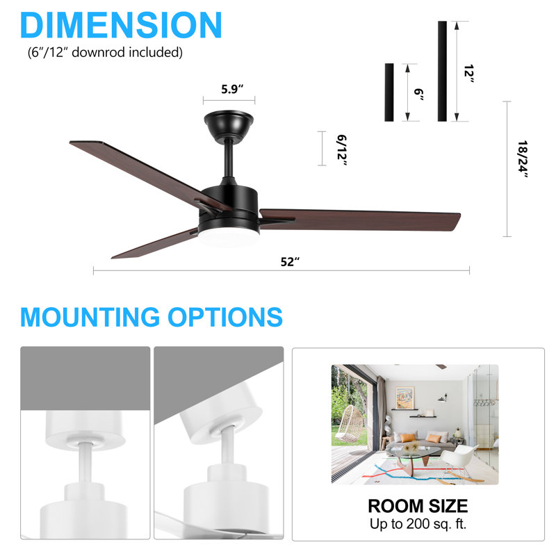 52" 3-Blade Matte Black LED Standard Ceiling Fan with Remote Control and Light Kit Included