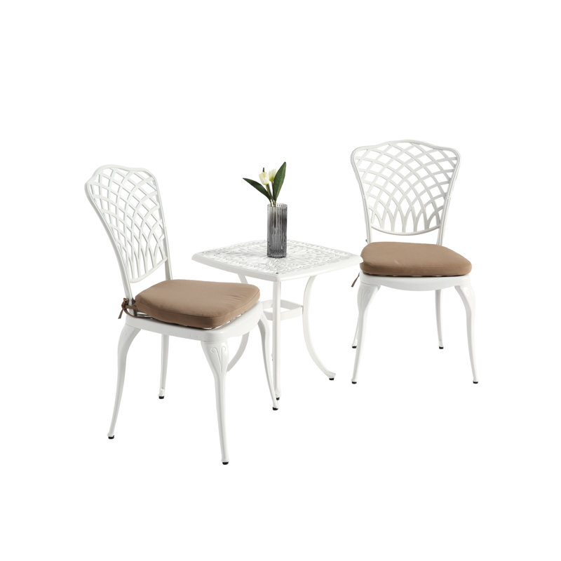 Rustproof Cast Aluminum Patio Bistro 3 Piece - 2 Chairs & 1 Round Table With White Cushion For Outdoor Garden Balcony Classical Design, Easy Assembly And Spaces Strong Simple To Put Together