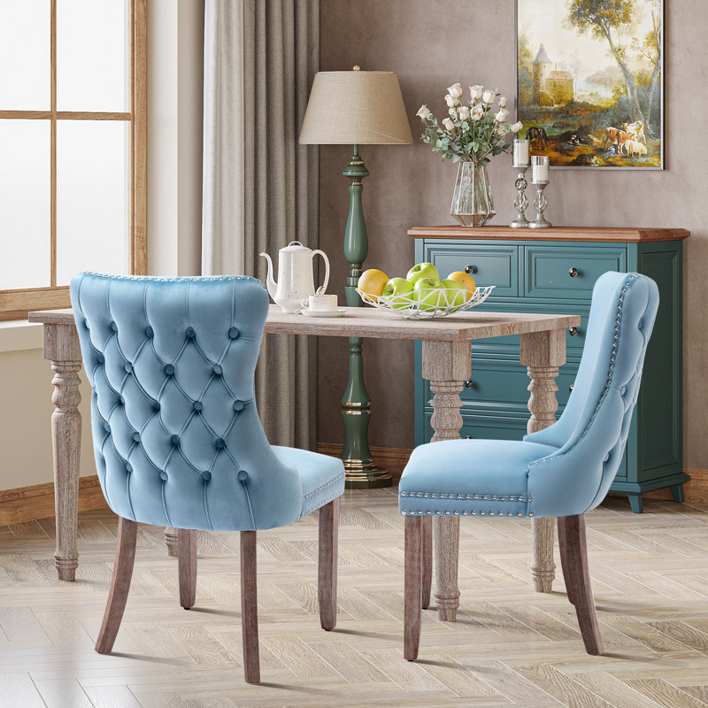 Ensemble de 4 chaises de salle à manger en velours à oreilles, Bleu clair