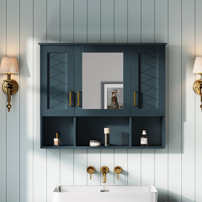 Armoire à pharmacie murale de 35 pouces avec 21 tablettes réglables, charnières à fermeture silencieuse et miroir transparent pour la salle de bain, finition bleue moderne avec fonction peinte rectangulaire de 35 po, utilisation dans la salle de bain, design