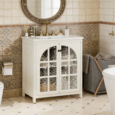 Meuble-lavabo de salle de bain avec lavabo, pieds en bois et 2 portes en verre