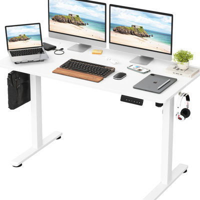 Bureau électrique debout avec hauteur réglable pour le travail sur ordinateur de bureau, 40 po x 24 po, ton de bois blanc, forme rectangulaire, base en forme de T, métal et fabrication, réglage manuel, conception ergonomique,