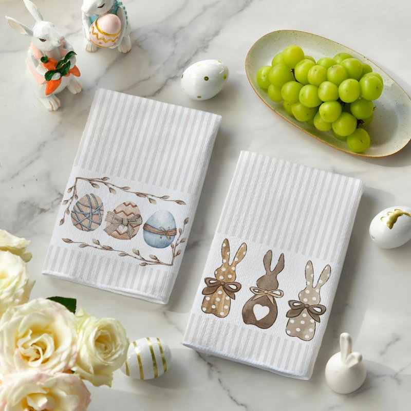 Rayures de lapin, œufs de lapin, essuie-tout de Pâques, ensemble de 2 essuie-mains de décoration printanière