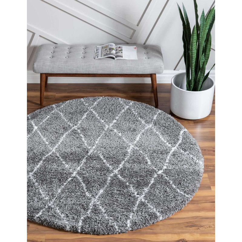 Tapis à poils longs couleur cendré Walshville, Rond 5 pi
