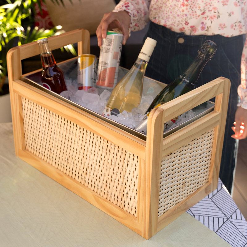 Rattan and Wood Beverage Tub with Galvanized Insert