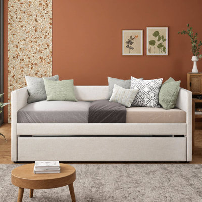 Lit de jour de 81 po avec couchette - tissu d'ameublement gris, structure en bois, conception moderne - lit gigogne simple coulissant, aucun sommier nécessaire - canapé-lit peu encombrant pour chambre d'amis, salon ou bureau personnel