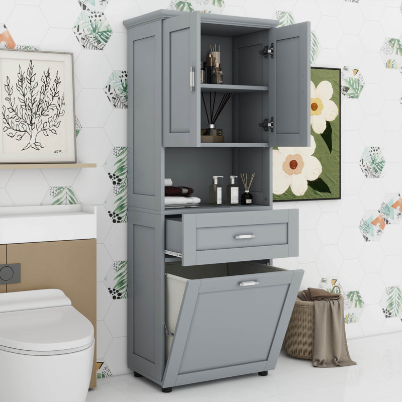 Tall Bathroom Cabinet With Laundry Basket, Freestanding Cabinet With Doors, Storage Space Tilt-Out Laundry Hamper, Gray