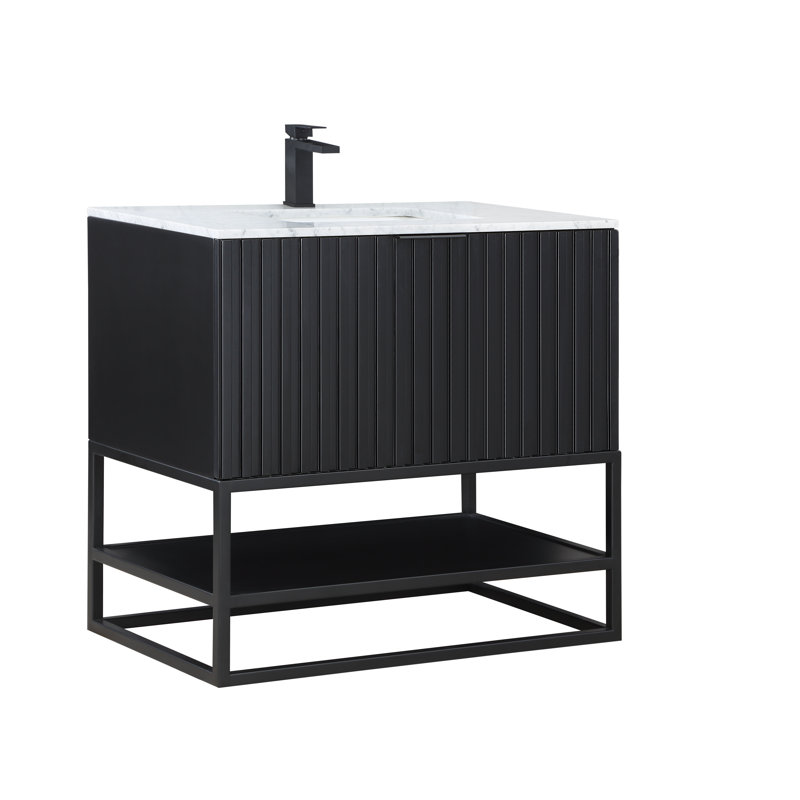 Terra 36'' Single Bathroom Vanity with Top, Carrara Marble/Single Faucet Mount, Midnight Black, Matte Black