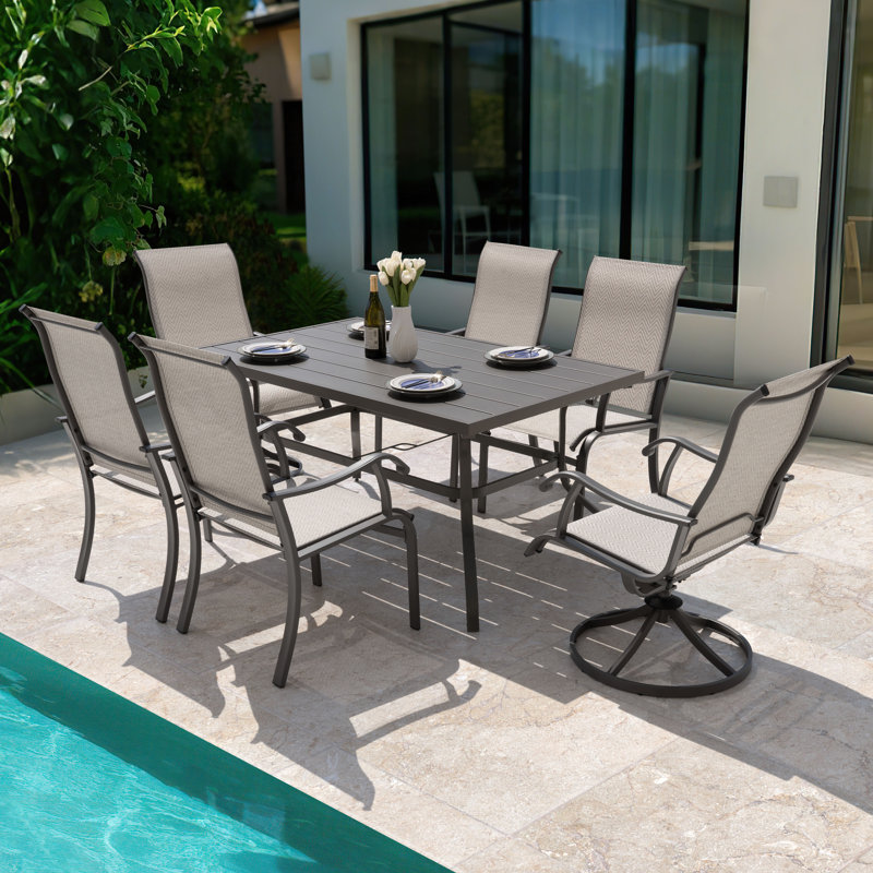 Patio 7 Pieces PVC-coated polyester Dining Set With Swivel Design, Umbrella Hole