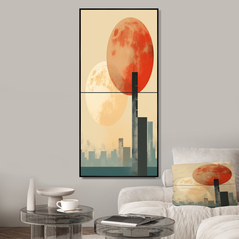 Lever de soleil orange et beige, Cadre flottant noir, H 60 po x l 28 po x P 1,5 po
