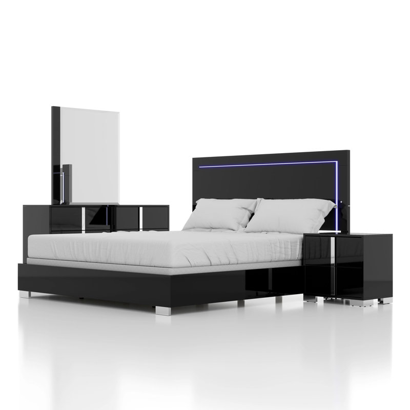 Duckworth Bedroom Set, Black, King, 6 Pcs: Bed, 2 Nightstands, 2 Dressers, Mirror