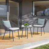 Kulp 3-Piece Patio Bistro Set, Outdoor Conversation Chair Set Balcony with Tempered Glass Coffee Table and Light Gray Cushions, Water-Resistant Woven Rope for Poolside