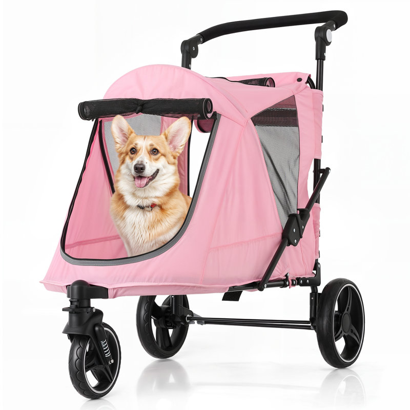 Large Gray Steel Frame Dog Stroller with Rubber Wheels