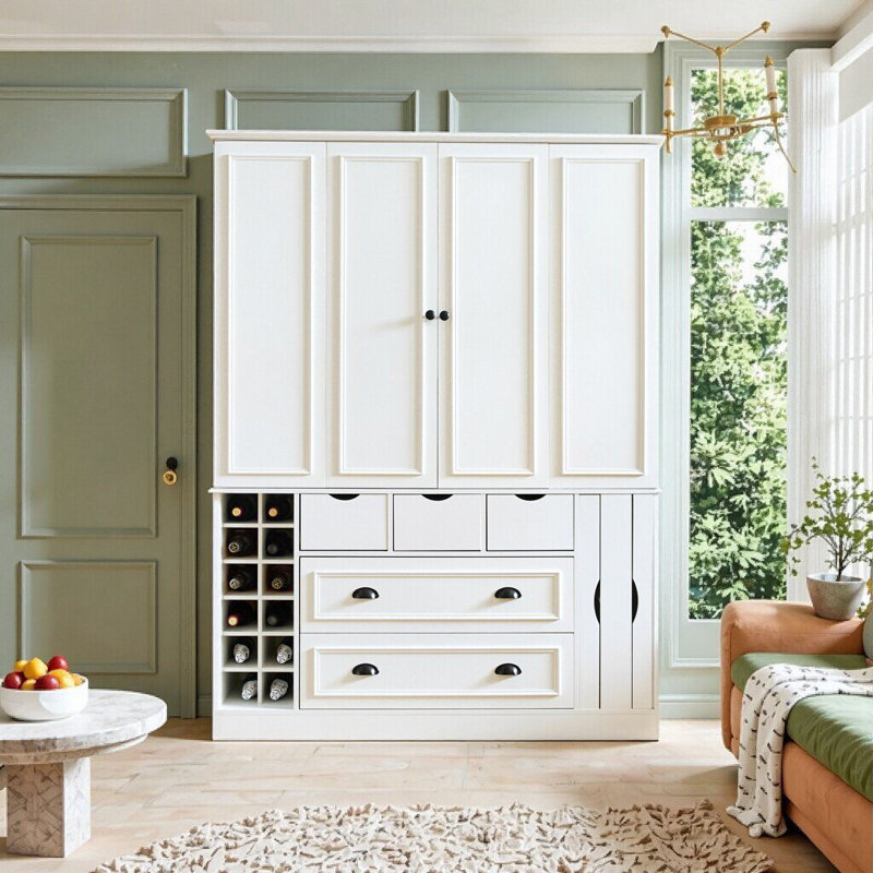 Grande armoire de cuisine de style campagnard avec prise de courant et tablettes réglables, Blanc