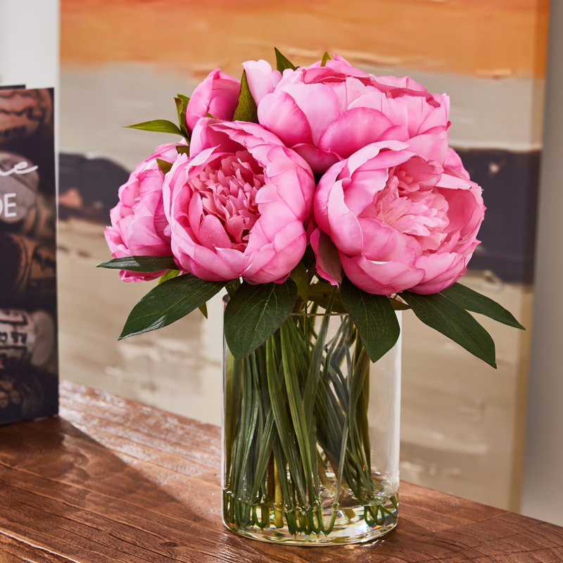 Adcock 12" Artificial Peony Floral Arrangement In Clear Glass Vase With Realistic Acrylic Water, 10 Lifelike Silk Blooms (7 Large & 3 Buds) For Table Centerpiece, Modern Home Office Decor