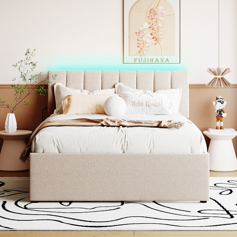 Grand lit plateforme tapissier Teddy, Beige, Lit double