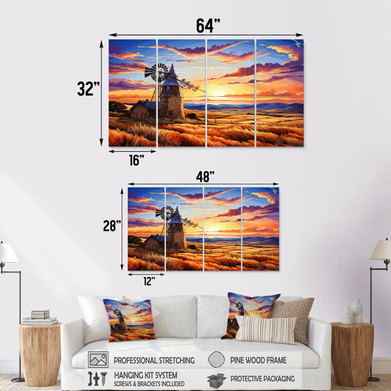 Windmill Evening Glow Meadows - Wind Turbines, art mural sur toile 4 pièces, H 28 po x l 48 po