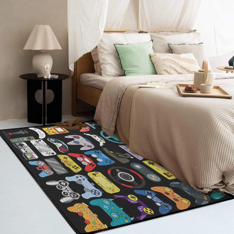 Video Game Room Rug For Teen Boys Men - Colorful Gamepad Controller Design, 59"X39" Non-Slip Carpet Mat For Bedroom Living Room Desk Gaming Theme Decor