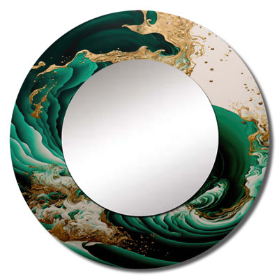 Spase Emerald Green And Gold Abstract Waves IV - Abstract Spirals Wall Mirror, Modern Round Decorative Mirror, Printed Metal Art