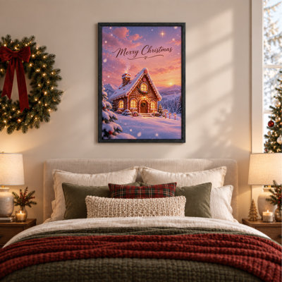 «Gingerbread House in Snowy Winter Sunset», art mural sur toile
