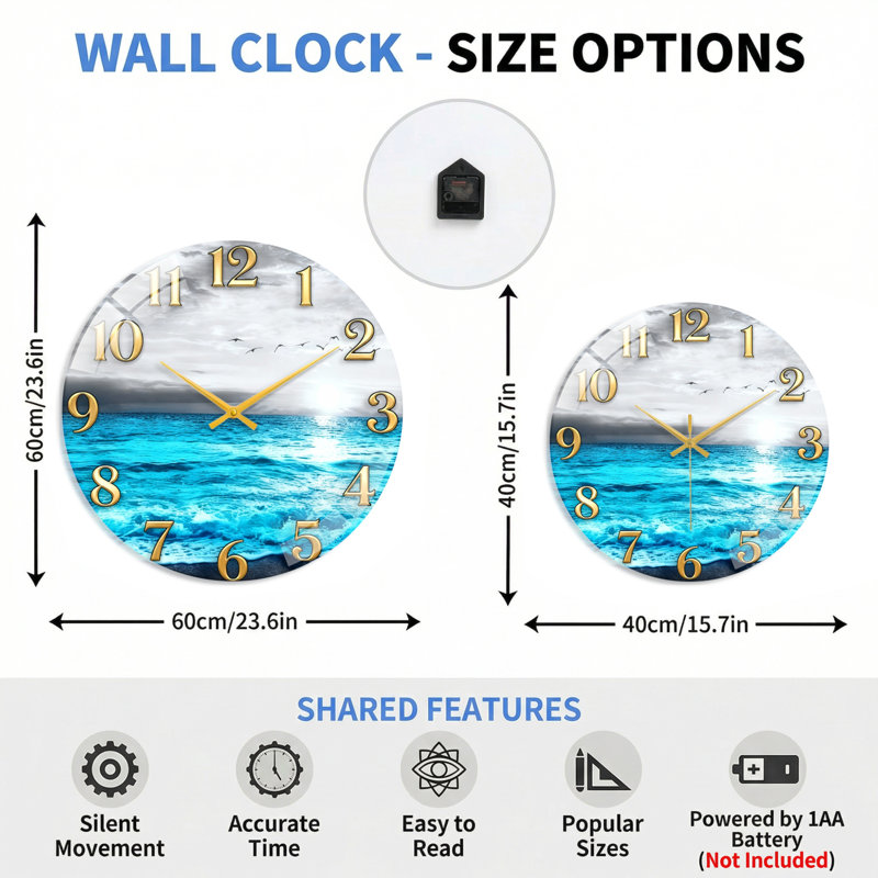 Horloge murale décorative en verre Ocean Sky, 60 x 60 cm (23,6 x 23,6 pouces)