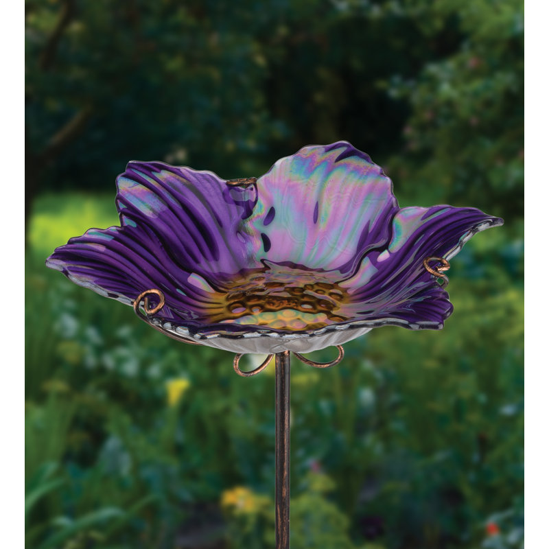 Purple Glass Flower Birdbath Feeder with Metal Stake