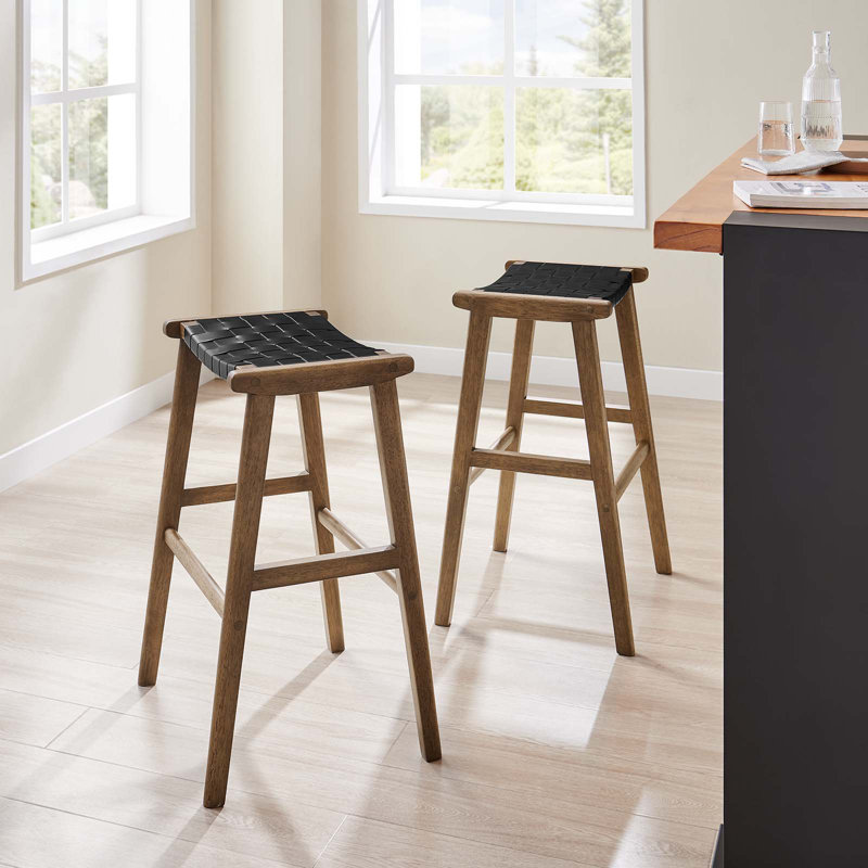 Modway Saoirse Counter/Bar Stools, Counter Stool (26” Seat Height), Light Black Leather/Walnut Frame