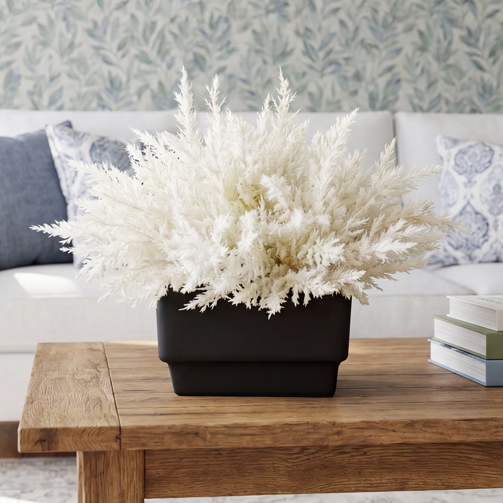 Pampas Floral Arrangement in Vase, 13" H x 16" W x 16" D, Black/White