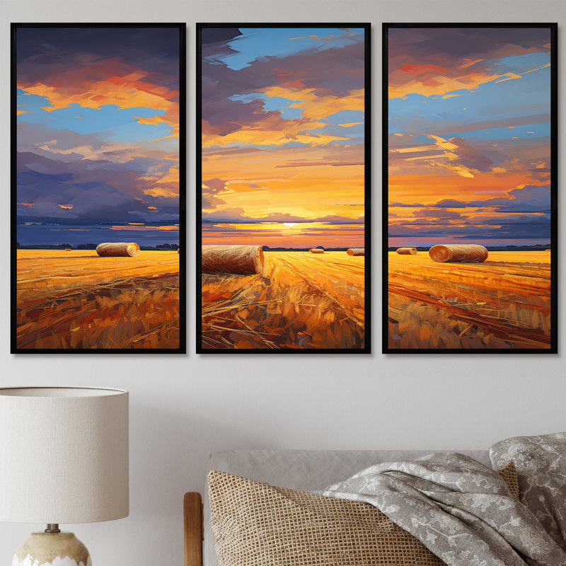 «Straw Bales On The Summer Sunset», ensemble d'art mural prairies, Cadre flottant noir, H 40 po x l 60 po x P 1 po