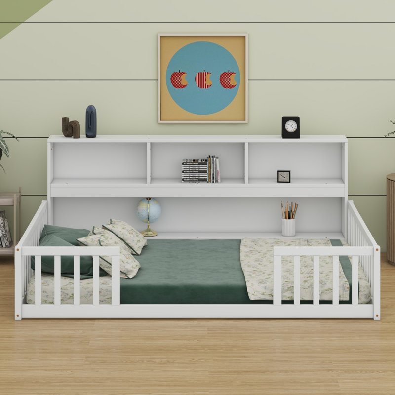 Floor Bed With Side Bookcase,Shelves,Guardrails, White