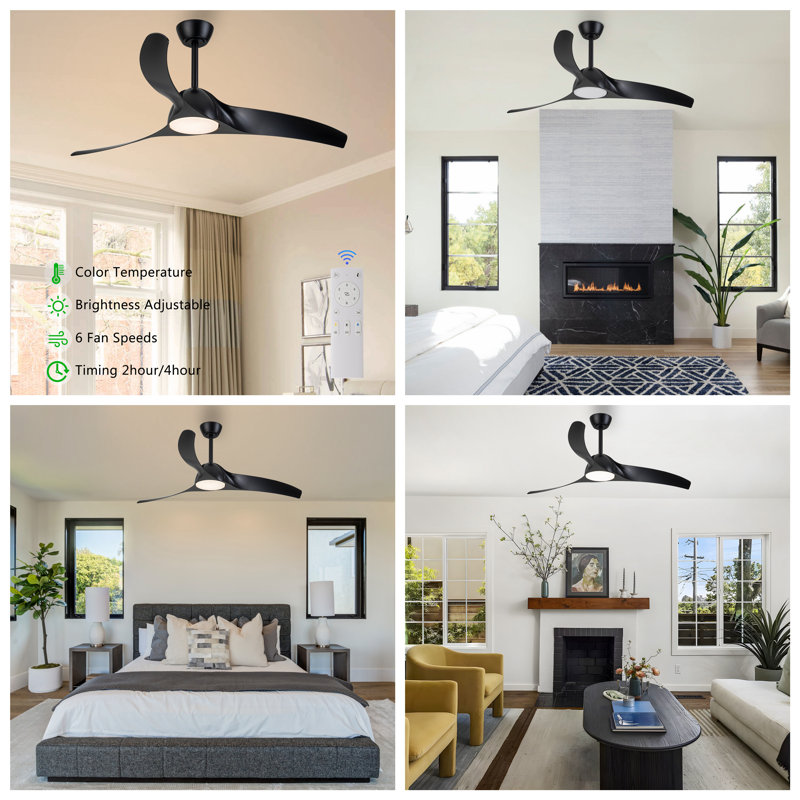 52in. 3-blades Woodgrain Finish Dimmable Changeable 3000k/4000k/5000k Led Ceiling Fan With Remote Control, Matte Black