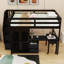 Lit mezzanine à deux tiroirs avec bureau intégré, tablettes de rangement et garde-robe-564818009-564818011