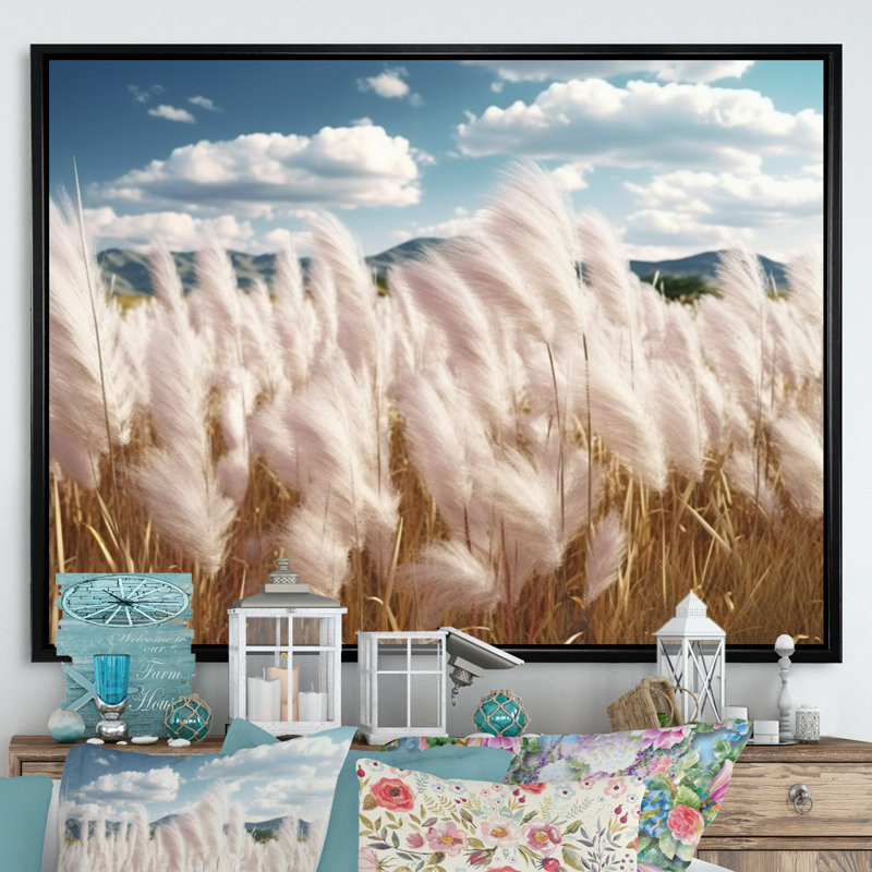 «White Pampas Meadows II» sur toile, H 24 po x l 32 po x P 1 po, Cadre flottant noir