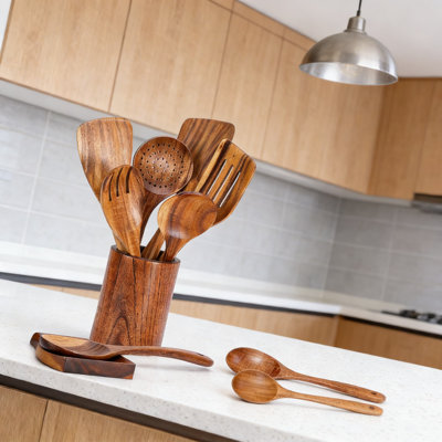 9-Piece Teak Wood Kitchen Utensil Set With Spoon Rest And Holder - Durable Natural Wood Cooking Spoons With Comfort Grip For Stirring, Mixing, Serving