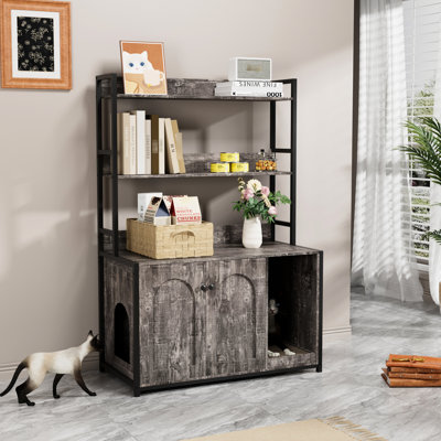Enceinte de litière pour chat gris avec rangement pour tablette, porte à deux battants et patin à griffes, portes dissimulées pour la salle de bain, armoire intérieure bien construite