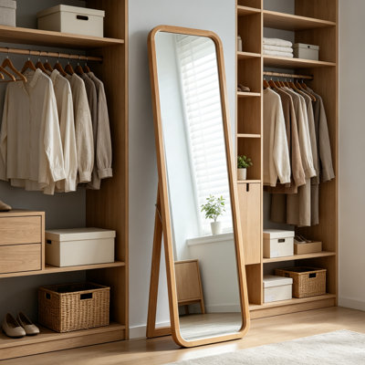 Miroir sur pied pleine longueur en bois de hêtre massif, fini bois naturel, miroir 2 en 1 à poser et à fixer au mur, idéal pour la décoration de la chambre, du dressing ou de l'entrée.
