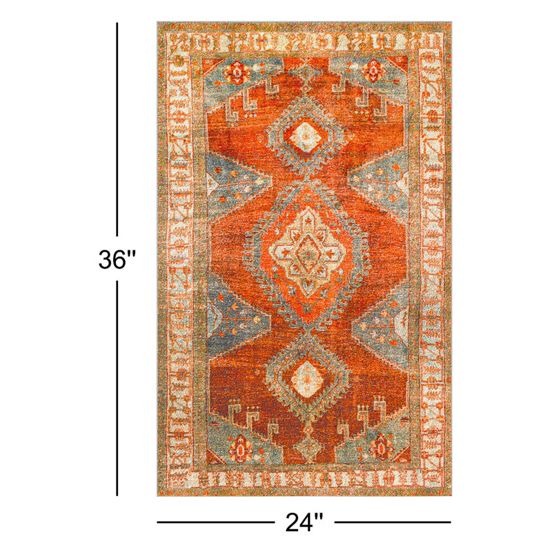 Mags Machine Washable Oriental Burnt Orange/Orange Area Rug, Rectangle 2' x 3'