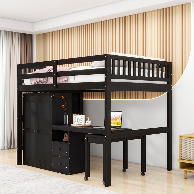 Lit mezzanine 2 tiroirs avec escalier de rangement, bureau, tablettes et garde-robe, Double, Espresso