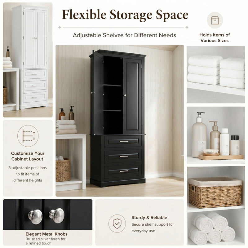 Coster Freestanding Tall Storage Bathroom Linen Cabinet With Metal Handles, Black