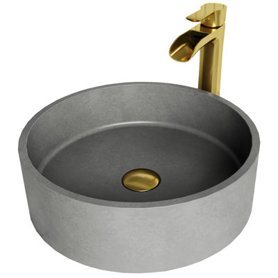BrightonPalermo Gothic 15" L x 15" W x 5" H Round Concrete Vessel Bathroom Sink with 11" H Faucet