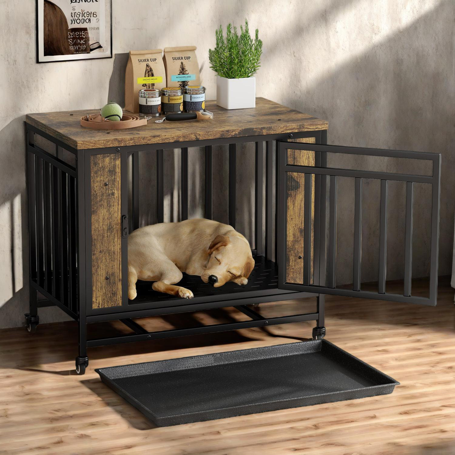 Archie & Oscar™ Wooden Dog House Dining Table with Iron Door & Tray for