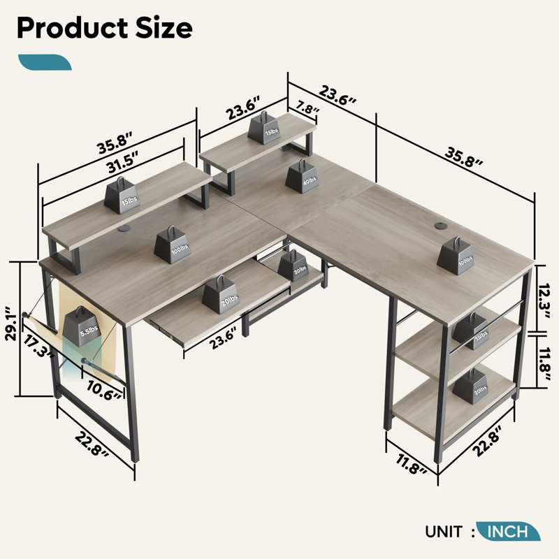 Orndorff L Shaped Gaming Desk or 2 Person Long Table with Shelves Monitor Stand and Keyboard Tray, Gray Wash