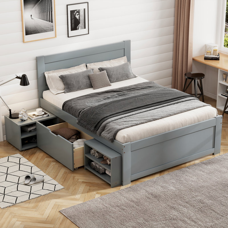 Lit plateforme avec tiroir et deux tablettes, cadre de lit, Lit simple, Gris antique