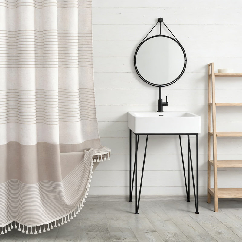 Farmhouse Shower Curtain With Linen Texture And Decorative Tassels, Rustic Style Bathroom Decor With Rust-Resistant Grommets, Easy Care Fabric