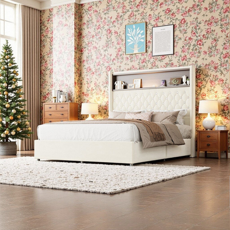 Structure de lit double capitonnée en velours avec port USB et veilleuse, Beige, Lit double