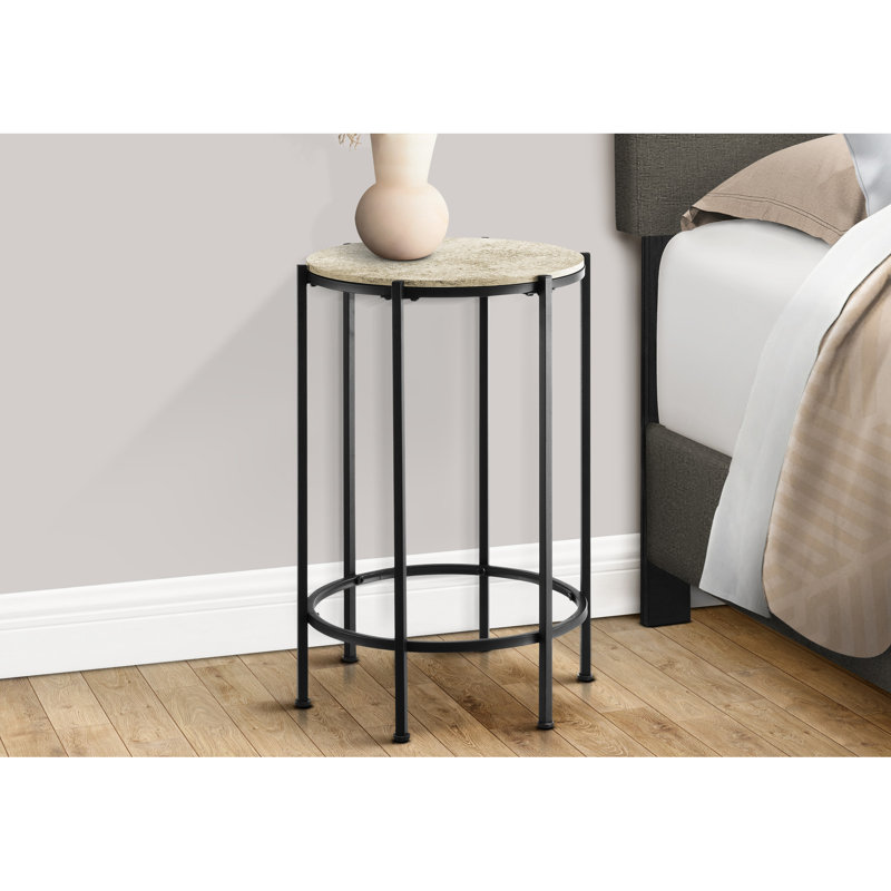 Table d'appoint compacte de salon et de chambre à coucher avec stratifié en pierre noire en métal noir tendance